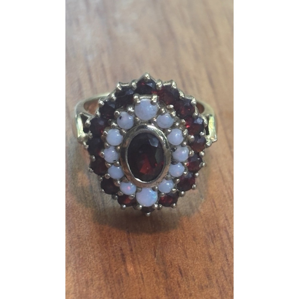 Solid 925 Sterling Silver Natural Opal & Garnet Large Cluster Ring Size 6.25
